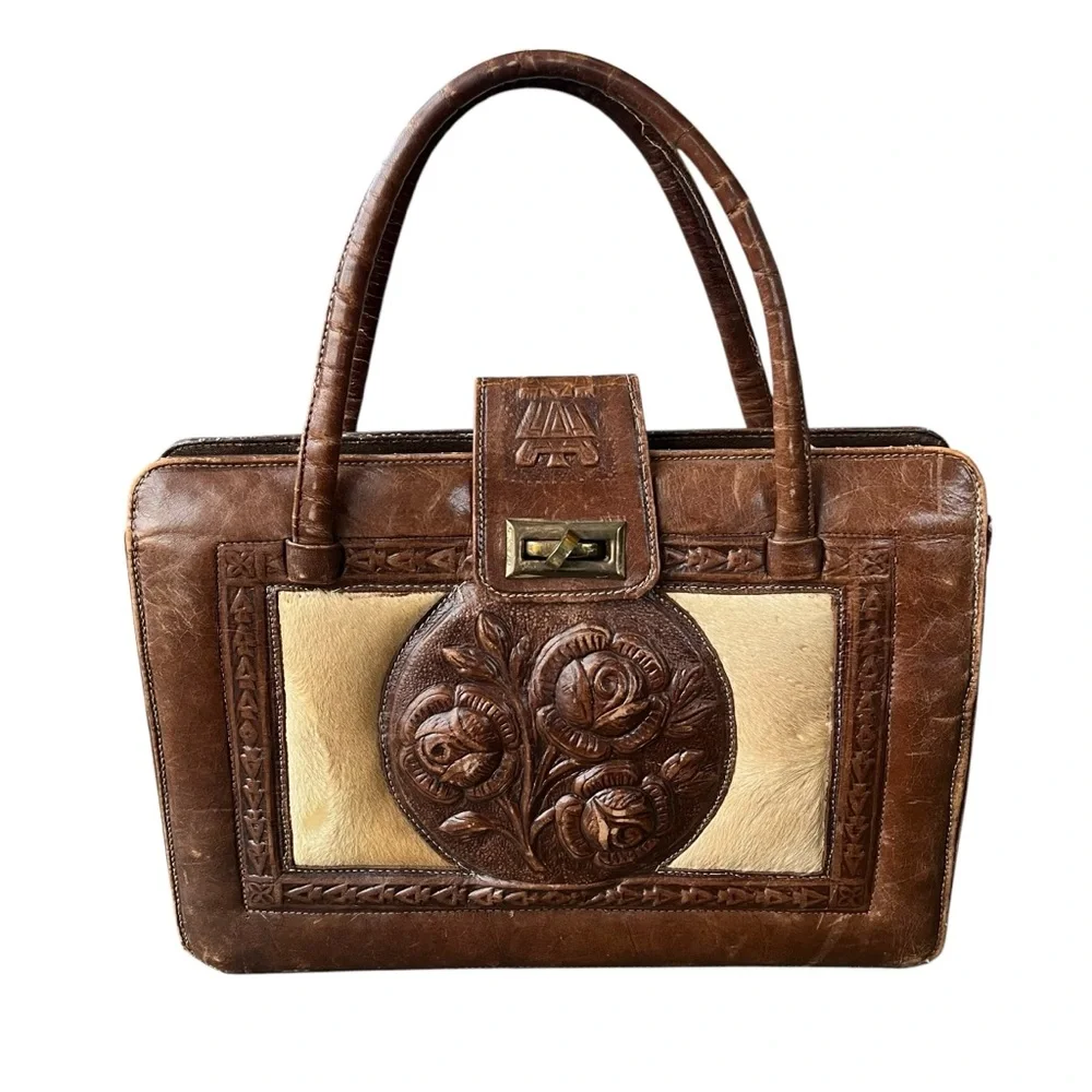 VINTAGE Mexican Western Tooled Leather & Hair on Hide Handbag Purse - Picture 12 of 12